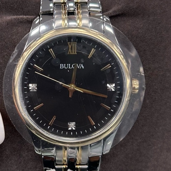 Bulova Two-tone Stainless 3-Diamond Black Date Dial Bracelet Watch - Picture 5 of 11